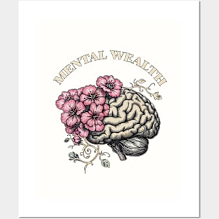 Mental Wealth, Brain mental health psychology, pink flowers,anatomy watercolor art Posters and Art